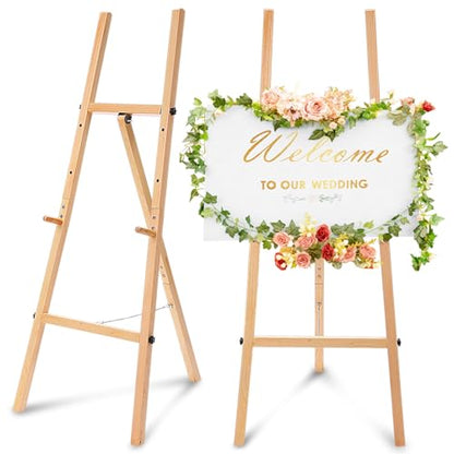 CroBlissful Wooden 50" Easel Stand for Wedding Sign Adjustable 3Tier Height Display Easel with Chain Heavy Duty Floor Tripod for Welcome Wedding Sign Painting Canvas Baby Shower Party Poster (Wood) - color: Wooden