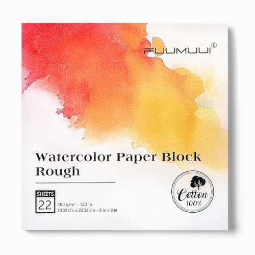Fuumuui 8×8 Watercolor Paper Block, Textured Rough 100% Cotton Watercolor Paper, 140lb/300gsm, 22 Sheets, Acid-Free, Art Paper for Painting & Drawing, Wet, Mixed Media, Rough Grain - color: Rough, size: 8×8"