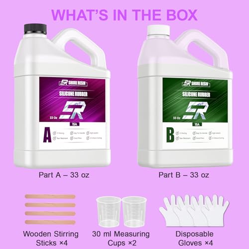 Silicone Mold Making Kit 66 oz, Platinum Cure 15A, 1:1, 4H Cure | 66 oz translucent LSR, 1:1 mix, flexible 15A, 30 min work time, 4H cure, smooth flow for detailed molds, 200°C resistant. - size: 66 OZ