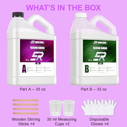 Silicone Mold Making Kit 66 oz, Platinum Cure 15A, 1:1, 4H Cure | 66 oz translucent LSR, 1:1 mix, flexible 15A, 30 min work time, 4H cure, smooth flow for detailed molds, 200°C resistant. - size: 66 OZ