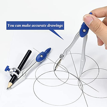 Unjoo Math Geometry Kit Sets 10 Piece Student Supplies with Shatterproof Storage Box,Includes Rulers,Protractor,Compass,Eraser,Pencil Sharpener,Lead Refills,Pencil,for Drafting and Drawings（Navy blue） - color: Navy Blue