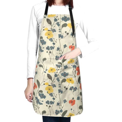 Cream Pastel Wildflower Art Waterproof Apron with Pockets | Garden Aprons for Men Women Adjustable Bib Apron for Cooking Kitchen Baking BBQ Painting Housework Oil Resistant - color: Vibrant Watercolor Art