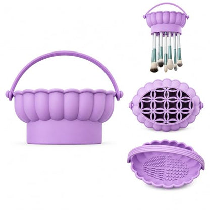 Pinkiou Makeup Brush Cleaner Mat, 3-in-1 Silicone Cosmetic Brushes Cleaning Bowl with Hanging Drying Mesh & Holder Organizer, Multi-Texture Wash Pad Tool for Sponges, Powder Puffs, Home and Travel - color: Purple