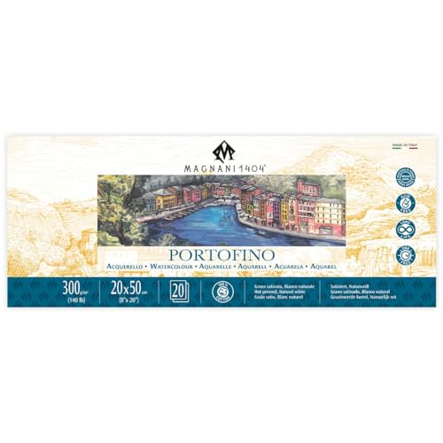 Magnani 1404 Portofino Hot Press 100% Cotton Watercolor Paper Pad, 20 Sheets, 8x20, 140 lb, Acid-Free, UV Resistant, pH-Neutral, Vegan Sized Water Color Paper for Artists, Made in Italy - size: 8x20" Pad