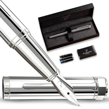 Ellington Pens Luxury Fountain Pen Set - Smooth Medium Nib- Includes 3 Ink Cartridges, Refillable Ink Converter, Gift Box- Fountain Pens For Writing, Calligraphy, Journaling, Sketching (Silver Sonata) - color: Silver Sonata, style: Medium