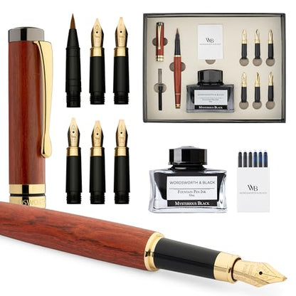 Wordsworth & Black Calligraphy Pen Gift Set, Includes Ink Bottle, 6 Cartridges, Refill Converter, 6 Replacement Nibs, Luxury Bamboo, Journaling, Smooth Writing Pens [Rosewood] - color: Rosewood
