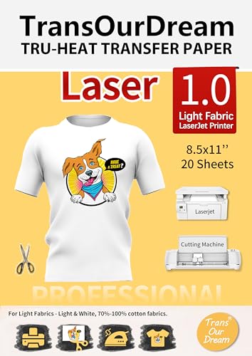 TransOurDream Heat Transfer Paper for LaserJet Printer (20 Sheets, 8.5x11, Laser 1.0) Printable HTV Heat Transfer Vinyl for T Shirts Iron on Transfers for Light Fabrics (TRANS-LAS1-L-20) - color: Light, size: 8.5x11 inches