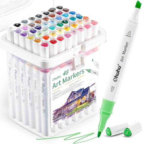 Ohuhu Markers, 48-color Art Marker Set for Architectural Design - Landscape Double Tipped Alcohol Markers - Chisel & Fine Alcohol-based Drawing Marker for Artists Students' Art Class Adults Coloring - color: Landscape Tones, size: 1 Count (Pack of 48)