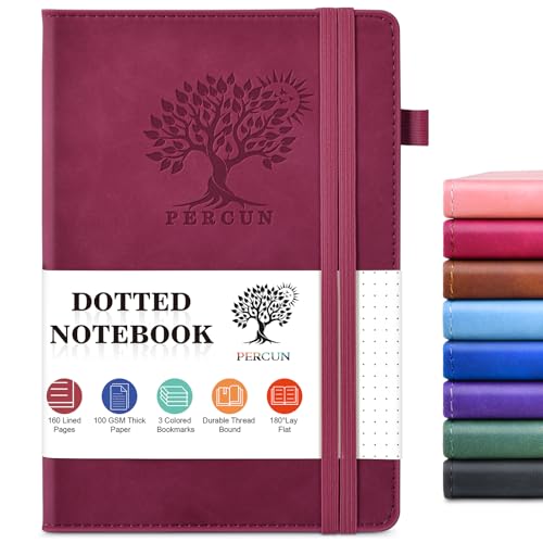 PERCUN A5 Dotted Journal Notebook, Leather Hardcover Notebook 5.9"×8.5" | 160 Dotted Pages Journal for Women & Men, Dot Grid Notebook for Writing, Work, School, Travel Daily Diary, Bullet Journaling - color: Wine red, size: Dotted Page