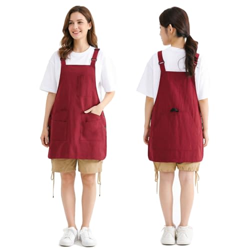 NEWGEM Waterproof Apron with Pockets for Women Cooking Painting Baking Gardening - color: 6 Pockets Burgundy