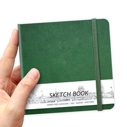 5" x 5" Hardcover Sketch Book,Small Mixed Media Sketch Pad,58 Sheets 150GSM Acid-Free Artist Drawing Paper,Travel Journal Blank Notebook for Adults Painting,Illustration,Art Supplies.Blackish Green - color: 150gsm PU-blackish green