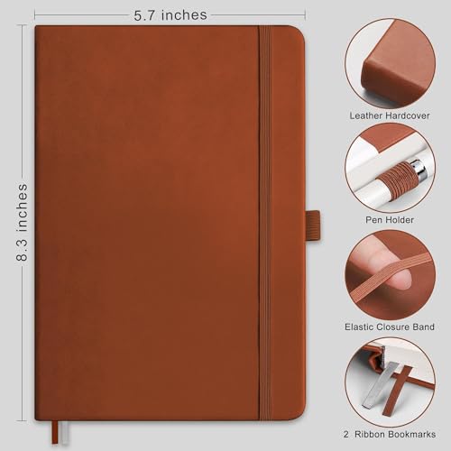 RETTACY Dotted Journal Notebook, 192 Pages, A5 Medium Size (5.7'' x 8.3''), Leather Hardcover, 100 GSM Thick Paper, for Journaling, Planning, Tracking (Brown) - color: Brown, style: Dotted