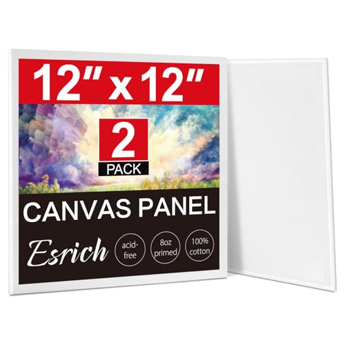 ESRICH Canvas for Painting, 2 Pack Square Canvas Boards for Painting 12x12 100% Cotton Primed Acid Free Blank Canvas Panels for Oil Paint, Watercolor, Acrylic Paint, Gouache and Tempera. - size: 12x12in 2pack