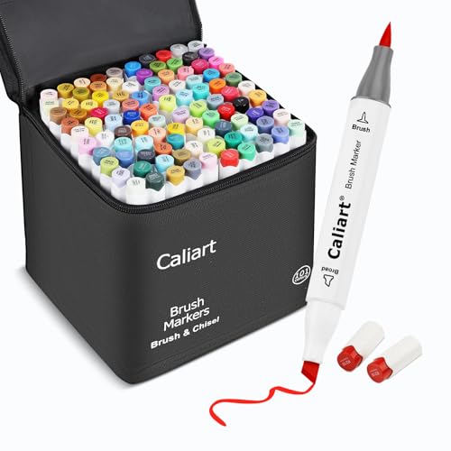 Caliart 101 Colors Alcohol Markers Brush Tip, Dual Tip Brush & Chisel Permanent Art Markers for Adult Coloring Books, Drawing, Sketching, Illustration, with Carrying Case for Artists & Beginners - color: 101 Colors(Chisel & Brush), size: 1 Count (Pack of