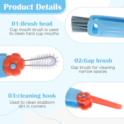 Hecila 3 in 1 Cup Lid Cleaning Brush Cup Lid Cleaning Brush 6PCS Multifunctional Bottle Cleaner Brushes 180° Rotatable Hangable Cups Crevice Cleaner Portable 3 Colors Home Kitchen Crevice Brushes