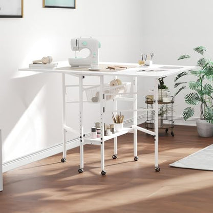 Sew Ready Folding Sewing Craft Table with Storage, Adjustable Height Cutting Desk with Drawers and Wheels for Quilting, Fabric, and Hobby Room, White - color: White / White