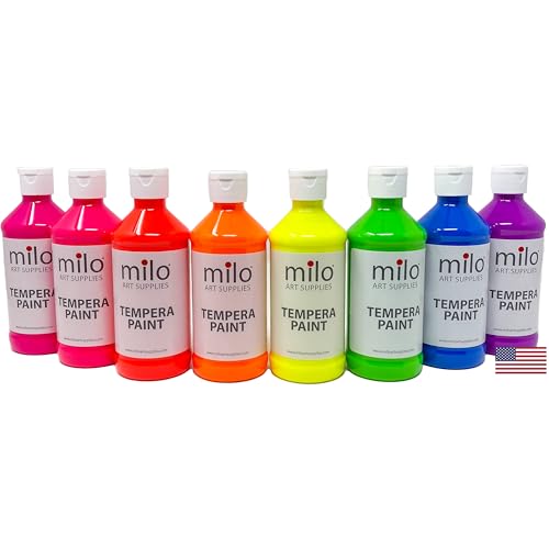 milo Fluorescent Neon Washable Paint | 8 oz Bottles 8 Colors | Made in the USA | Glows UV in Black Light | Safe & Non-Toxic Tempera Paint for Art & Craft, Poster, Window, Classroom, School - style: Fluorescent Tempera 8 x 8 oz Bottles