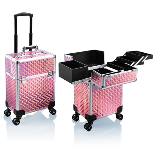 Stagiant Rolling Makeup Train Case Large Storage Cosmetic Trolley 4 Tray with Sliding Rail Removable Middle Layer with Key Swivel Wheels Salon Barber Case Traveling Cart Trunk - color: Pink