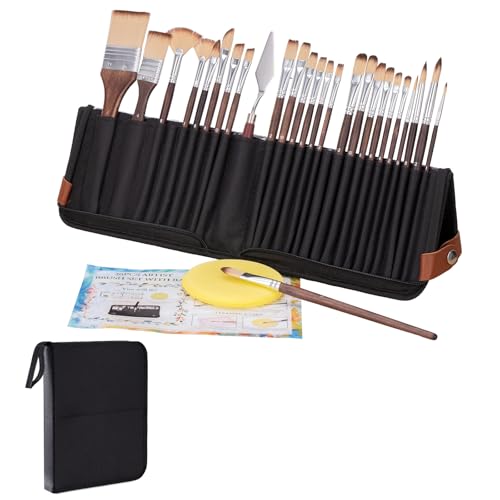 26pcs Paint Brush Set, Includes Flat, Filbert, Fan, Dagger, Cat Tongue, Round, Angle, Rigger & Palette Knife, Travel Paint Brushes for Acrylic Painting, Watercolor, Oil, Canvas, Face Painting