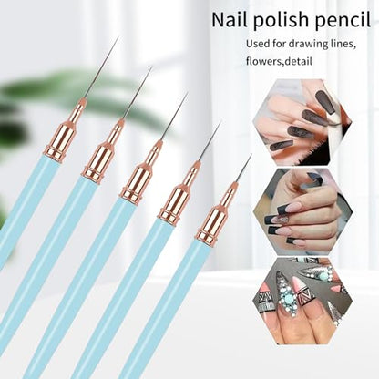 5PCS Liner Brushes for Nails, Nail Art Liner Brushes Set, 6/9/12/15/18mm Thin Detail Brush for Long Lines & Fine Drawing, UV Gel Polish Painting Nail Design Tools- Light Blue - color: Light Blue