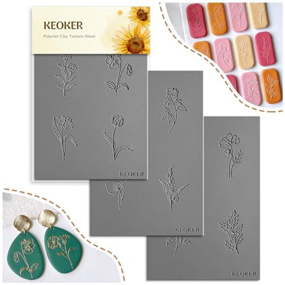 Keoker Polymer Clay Texture Sheets, Birth Month Flower Clay Texture Mat for Making Earrings Jewerly, Polymer Clay Earrings Tools, Floral Clay Texture Stamps