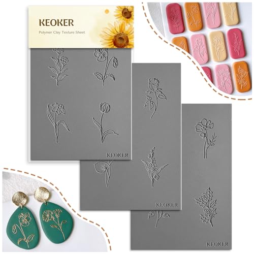 Keoker Polymer Clay Texture Sheets, Birth Month Flower Clay Texture Mat for Making Earrings Jewerly, Polymer Clay Earrings Tools, Floral Clay Texture Stamps