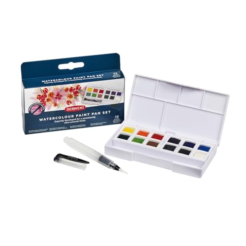 Derwent Watercolour Paint Pan 12 Set, Set of 12, Half Pan Size, Water-Soluble, Ideal for Painting, Professional Quality, Travel Size, 2306323