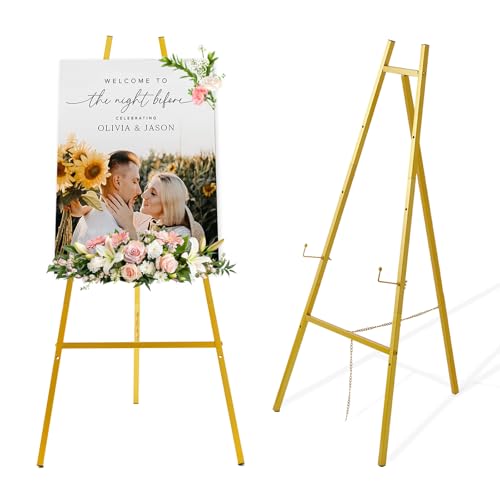 57.1" Tall Gold Easel Stand for Sign, Heavy Duty Folding Metal Easel for Wedding Welcome Sign, Decorative Easel for Mirror, Art, Photo, Adjustable Painting Display 4-Tier Height - size: high--57.1"