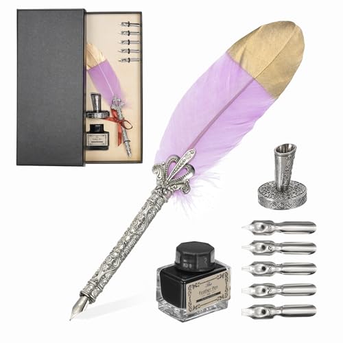 PATIKIL Feather Quill Pen Set, 1 Set Vintage Feather Calligraphy Pen Fountain Dip Pen Set with Ink, Pen Holder and Replacement Nibs for Beginner Writer Writing Gift, Light Purple - color: Light Purple