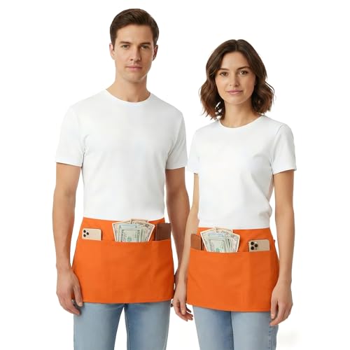 BOHARERS Waist Apron with 3 Pockets - Orange Waitress Waiter Server Short Apron - color: E-1 Pack Orange