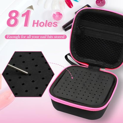 81 Holes Nail Drill Bit Holder (ONLY CASE),Dustproof Portable Organizer Storage Bag with Large Mesh Pocket & High Density Foam to Avoid Slipping & Scratches, Nail Bits Professional Manicure Tools,Pink - color: Pink