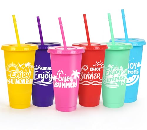 JarThenaAMCS 24 Pcs Summer Plastic Cups with Straw Lid 24 oz Cold Cups 6 Design Colorful Beach Party Plastic Tumbler for Summer Pool Party Home Office Supplies