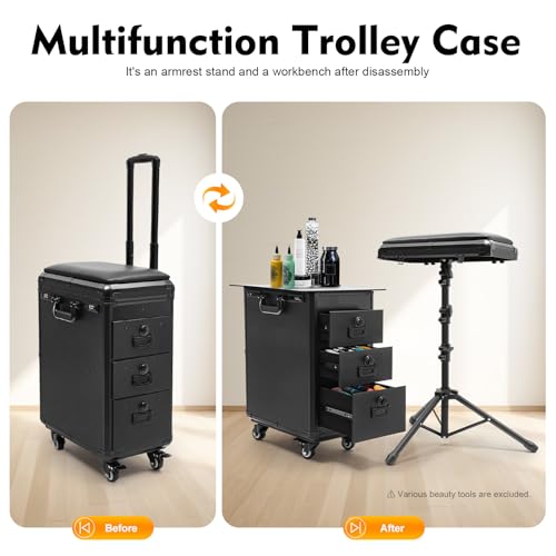 Tattoo Travel Case on Wheels, Rolling Makeup Case, 3-Drawer Tattoo Station with Adjustable Tattoo Armrest Stand, Tattoo Suitcase & Mobile Cosmetology Station, 44 lbs Capacity (Acrylic Plate) - style: Acrylic Plate