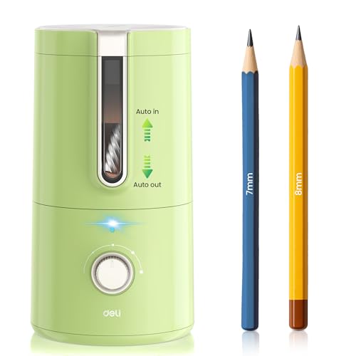 deli Electric Pencil Sharpener, Fully Automatic Pencil Sharpener for 6.9-8mm Pencils/Colored Pencils,5 Sharpness Modes,Auto in & Out,Rechargeable Hands-Free Sharpener for Classroom Home Office,Green - color: Green