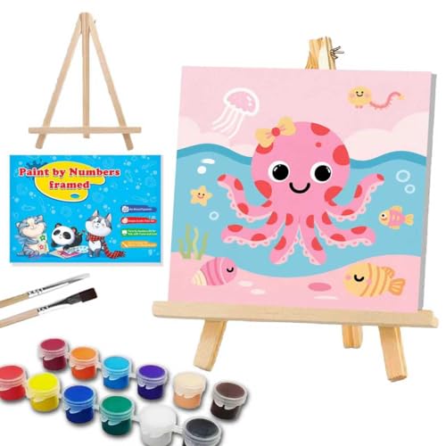 WEMEON Octopus Paint by Numbers Kit for Kids with Frame and Easel, Easy Paint by Numbers Kits for Kids Ages 4-6, Small Painting by Number for Birthday Gift, Painting Party(10X10inch) - color: DMBK-0007-US(10X10inch)