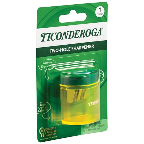 Ticonderoga Two-Hole Manual Pencil Sharpener for Standard and Beginner Pencils, Yellow/Green, 2" x 2" x 1.25", German-Engineered, 1 Count - style: 2-Hole