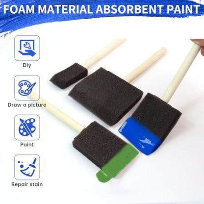 4 PCS Foam Paint Brushes Set, 1" 1.57" 2" 3" with Wooden Handle | Sponge Paint Brush, Details or Large Area Painting, Staining, Varnishes & DIY Craft Projects, Sponge Painting Tools