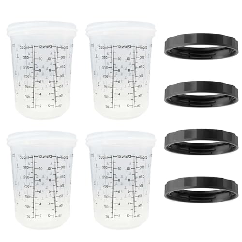 LAUCO 4 Pack Paint Spray Gun Hard Cup Set, 400ML (13.5 Oz) Reusable Mixing Cups with Retainer Rings, Compatible with Disposable Paint Cup Liner and Lid Systems for Automotive Paint, Primer, Clear Coat - size: 400ML