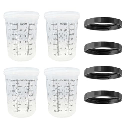 LAUCO 4 Pack Paint Spray Gun Hard Cup Set, 400ML (13.5 Oz) Reusable Mixing Cups with Retainer Rings, Compatible with Disposable Paint Cup Liner and Lid Systems for Automotive Paint, Primer, Clear Coat - size: 400ML