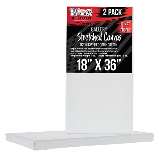 U.S. Art Supply Large Stretched Canvas for Painting 18x36 inch Gallery Depth 1-1/2" Thick, 2-Pack - 12oz Acrylic Gesso Triple Primed, Professional Artist Quality, 100% Cotton - Oil, Pouring Paint - size: 18" x 36"
