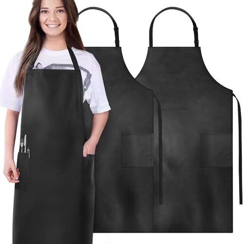 Gotega Waterproof Rubber Vinyl Apron Adjustable Dishwasher Apron - Apron for Women Men Heavy Duty Work Apron - color: Black With 2 Pockets, size: 2 Pack
