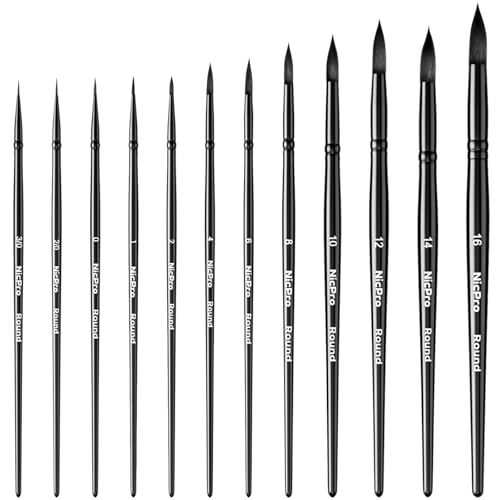 Nicpro 12pcs Watercolor Paint Brushes, Round Pointed Tip Paint Brush Set, Professional Soft Synthetic Squirrel Paint Brushes, Artist Painting Brushes for Watercolor, Inks, Gouache, Acrylic, Oil - color: Black, size: 12 PCS