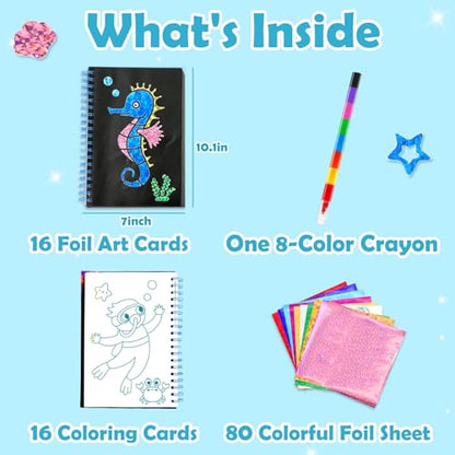 FUNNYB&G Foil Art Craft Kit for Kids 4-10 Years Old: Mess-Free & No-Glue, Create 16 Sparkly Ocean Pictures – Perfect Travel Toy & Birthday Gift for Kids (Ocean) - style: Ocean