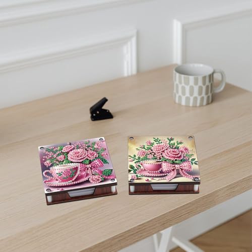 JISHSHAY 2 PCS Diamond Art Note Box Flower Diamond Painting Note Pad Holder Tea Cup Gem Painting Gem Art Memo Boxes Mosaic Kits for Adults Embroidery Kit Memo Pad Holder, Contains 120 Sheets of Paper - color: Flower 1