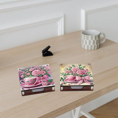 JISHSHAY 2 PCS Diamond Art Note Box Flower Diamond Painting Note Pad Holder Tea Cup Gem Painting Gem Art Memo Boxes Mosaic Kits for Adults Embroidery Kit Memo Pad Holder, Contains 120 Sheets of Paper - color: Flower 1