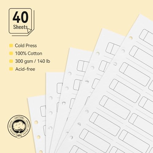 Lightwish Watercolor Swatch Paper Bulk - 100% Cotton Cold Press 300gsm/140lb, 2 Pack Total 40 Sheets 24 Spaces A5 Hole-Punched Replaceable Paper for Watercolor, Gouache, Oil Pastels,5.8 * 8.2 Inches