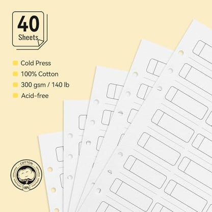 Lightwish Watercolor Swatch Paper Bulk - 100% Cotton Cold Press 300gsm/140lb, 2 Pack Total 40 Sheets 24 Spaces A5 Hole-Punched Replaceable Paper for Watercolor, Gouache, Oil Pastels,5.8 * 8.2 Inches
