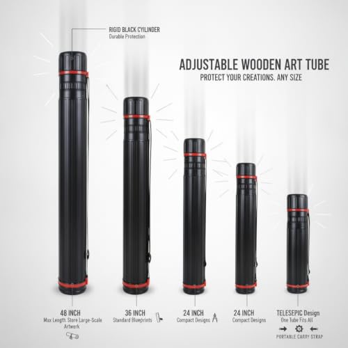 Adjustable Wooden Art Tube, Telescoping Poster and Blueprint Storage Case, Rigid Black Cylinder for Rolled Documents (1 PC) - size: 53.15 x 5.71 x 53.15 in