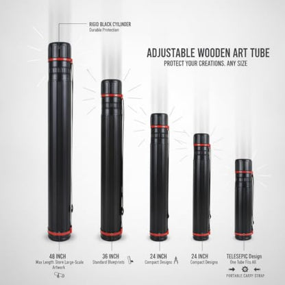 Adjustable Wooden Art Tube, Telescoping Poster and Blueprint Storage Case, Rigid Black Cylinder for Rolled Documents (1 PC) - size: 53.15 x 5.71 x 53.15 in