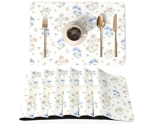 QiyI Placemats Set of 6, 12x18 Inch Faux Leather Place Mats for Kitchen Dinning, Heat Resistant Anti Slip Floral Table Mats, Waterproof Wipeable Washable Placemat Party Table Décor, Minimal Flowers - color: Minimal Flowers, size: Set of 6